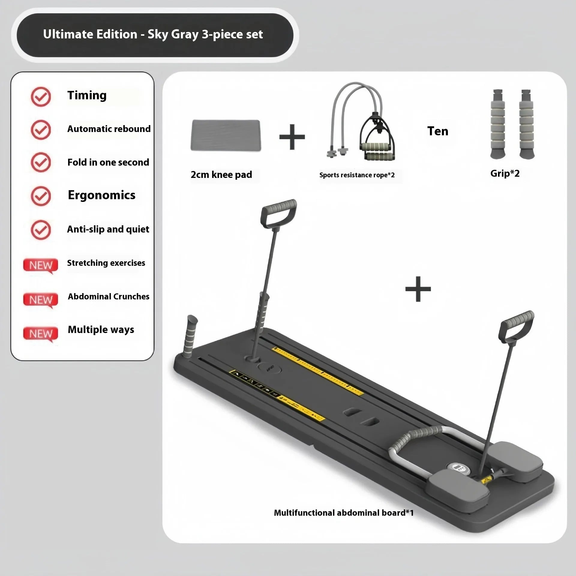 Standard purple PP plastic fitness board with integrated automatic rebound abdominal wheel.