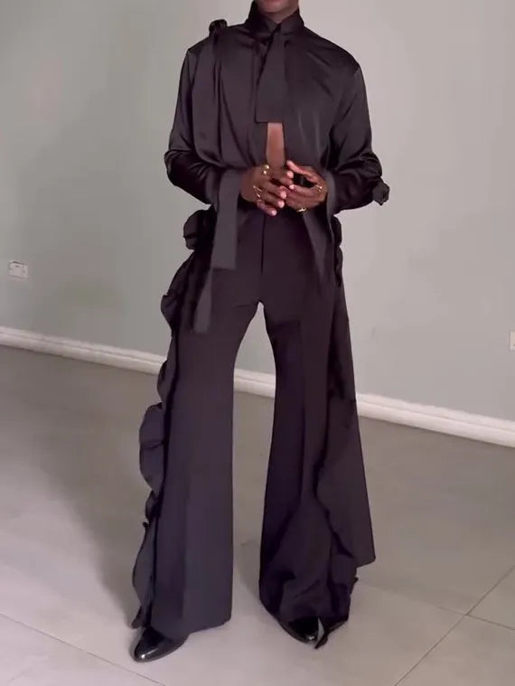 Men's black polyester hollow cut out shirt and high waist pants suit set for daily wear