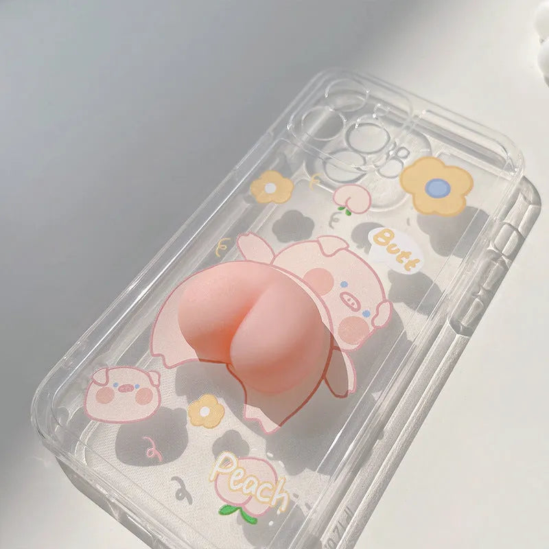 Transparent silicone phone case with a three-dimensional piggy butt design compatible with Apple iPhone