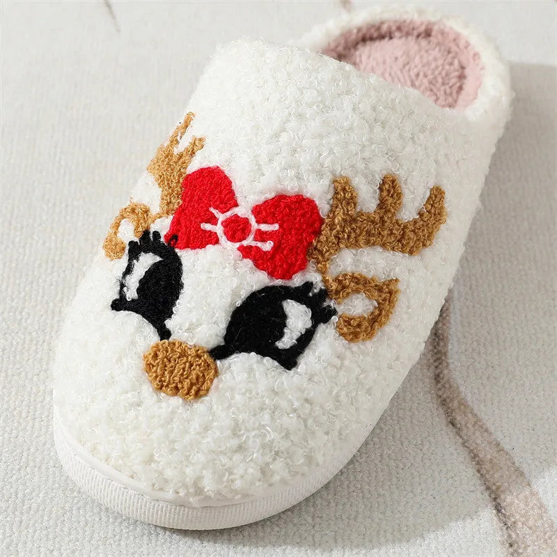 Christmas deer slippers with plush upper, TPR non-slip sole, 3.5cm heel, round toe, fox pattern, sizes 36-45