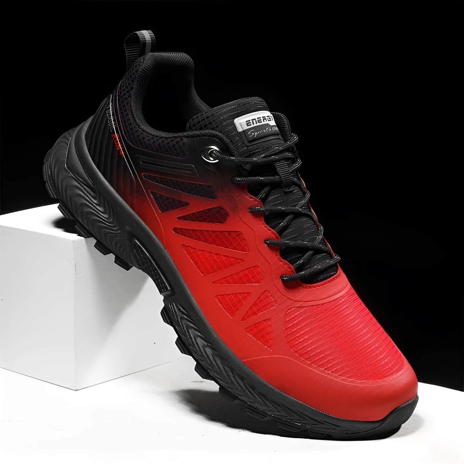 Men's black breathable mesh running shoes with lace-up front and flat heel on a neutral background.