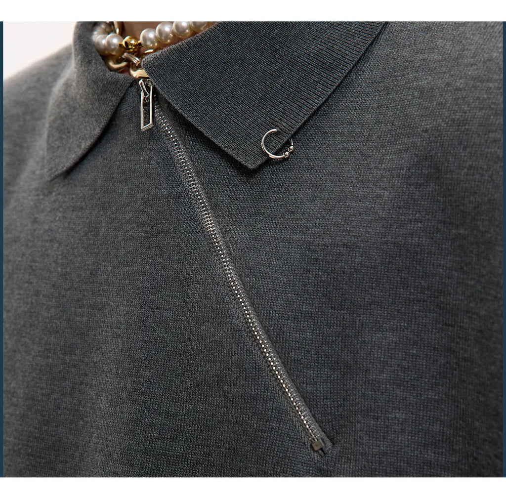 Ice-feel slim fit knitted polo shirt with oblique zipper collar in black, grey or white