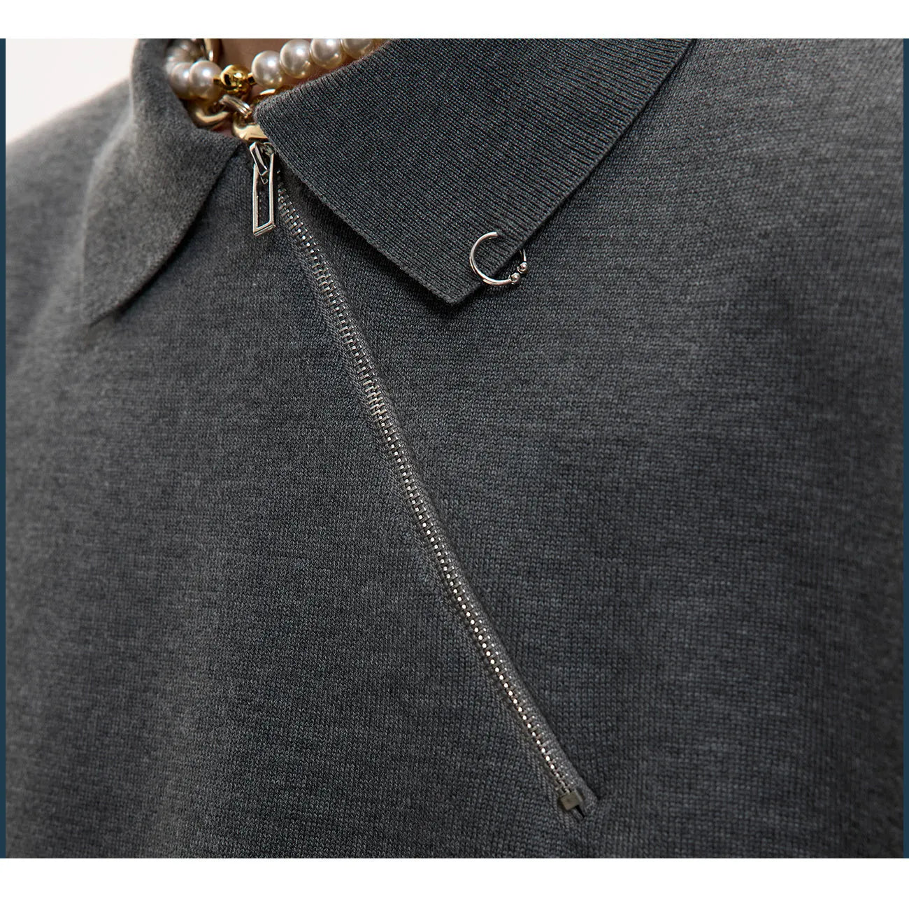 Ice-feel slim fit knitted polo shirt with oblique zipper collar in black, grey or white
