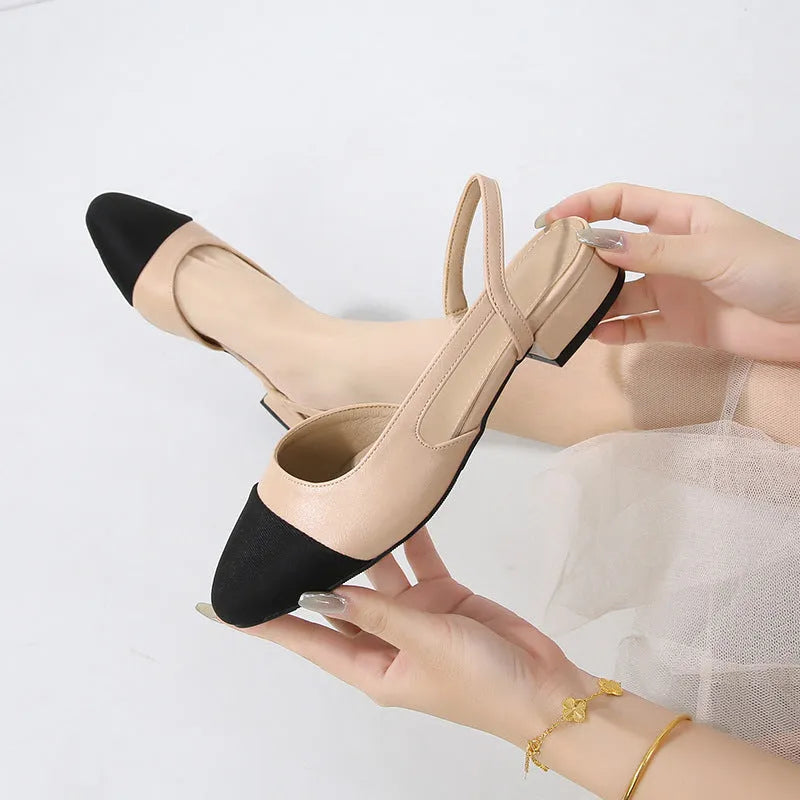 Hollow colour matching flat heel sandals with 6cm heel, low top upper, and rubber sole in apricot, white, or black
