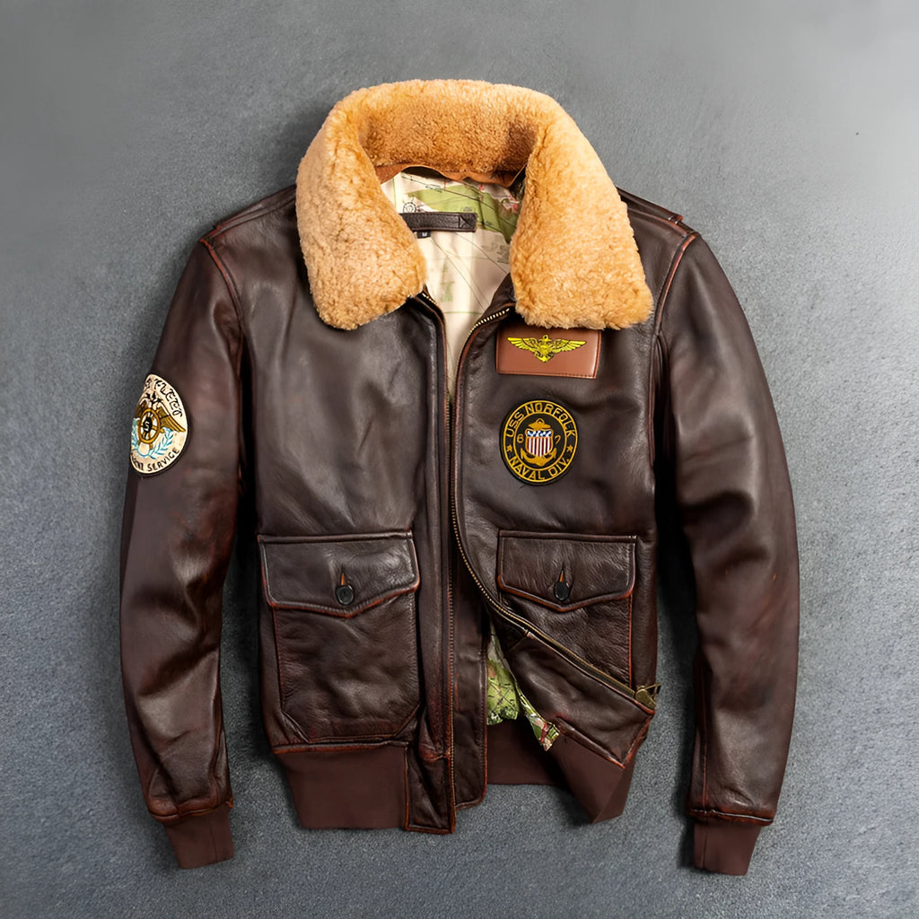 Men's genuine first layer cowhide G1 motorcycle jacket in dark brown with detachable collar and ribbed hem