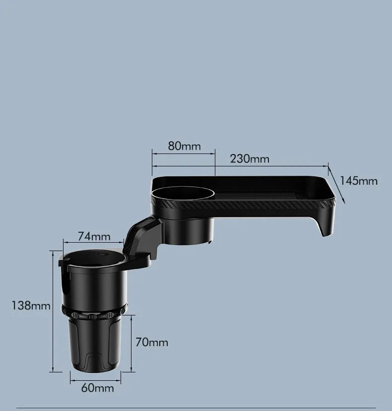 Black ABS plastic car-mounted rotating dinner tray holder shown inserted into a vehicle cup holder.