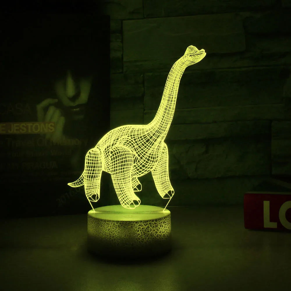 Colourful dinosaur 3D LED night light with touch controls on a compact ABS base.