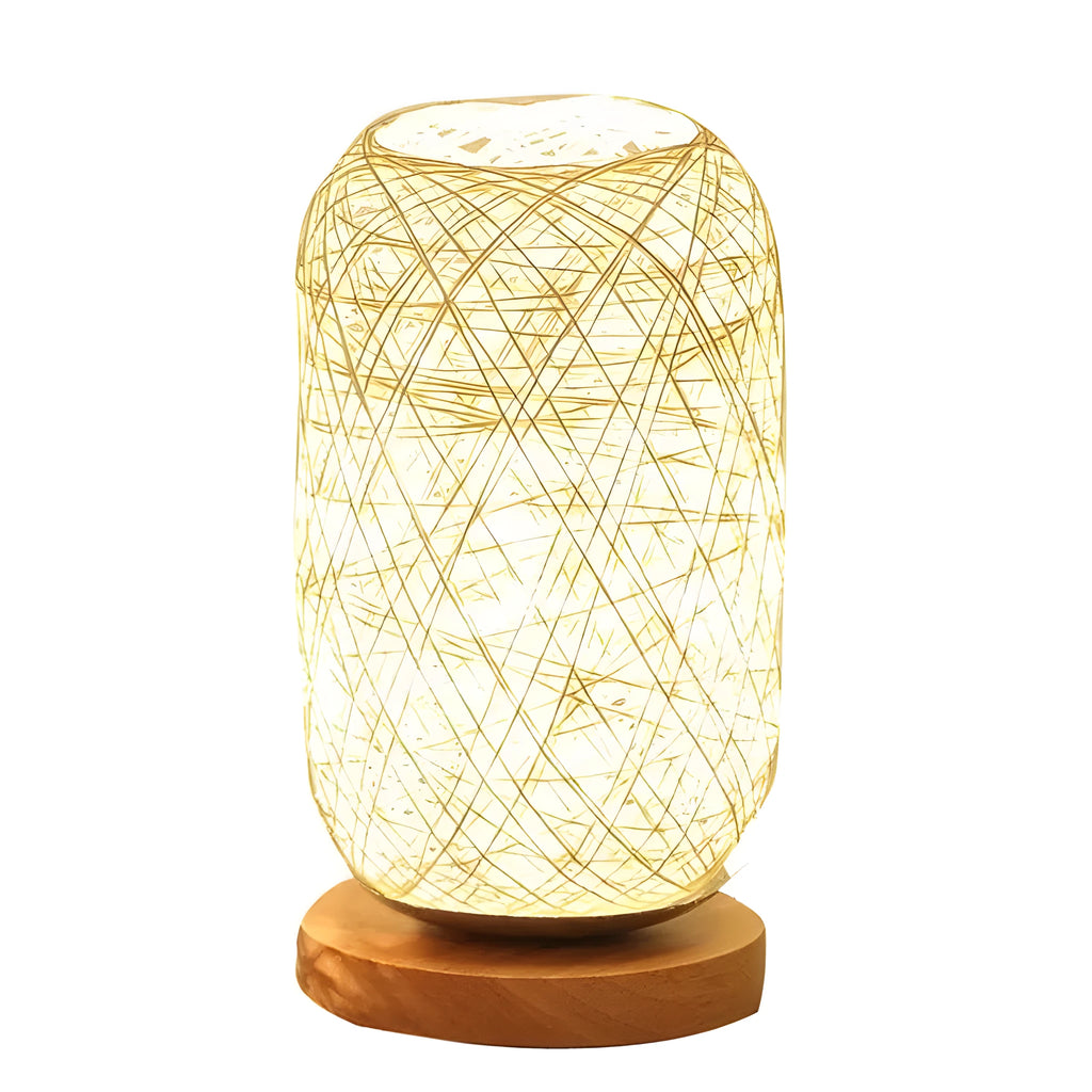 Brown hemp rope sphere desk lamp with wooden base on a desk