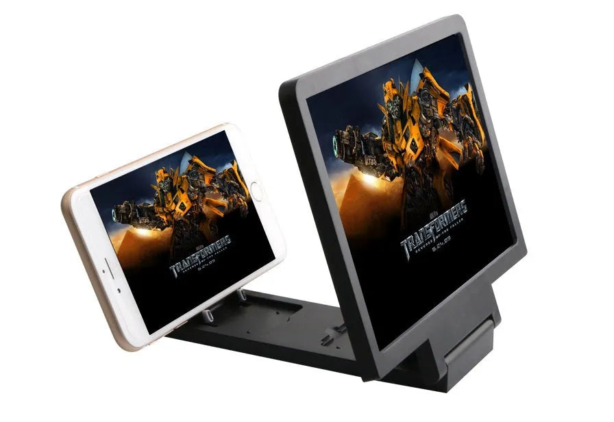 Black and white smartphone screen amplifier measuring 18cm by 12cm with protective packaging