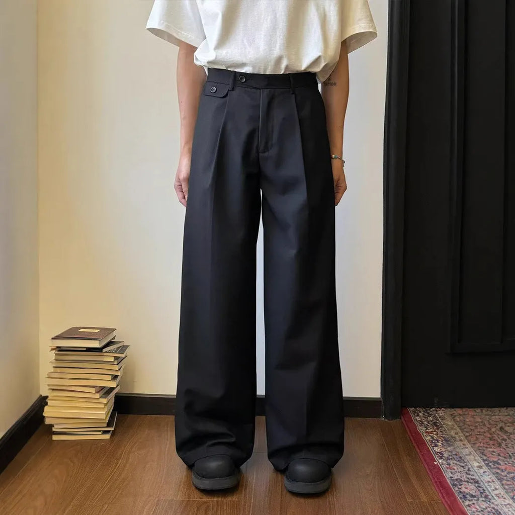Men's brown straight-leg wide trousers with casual draping design