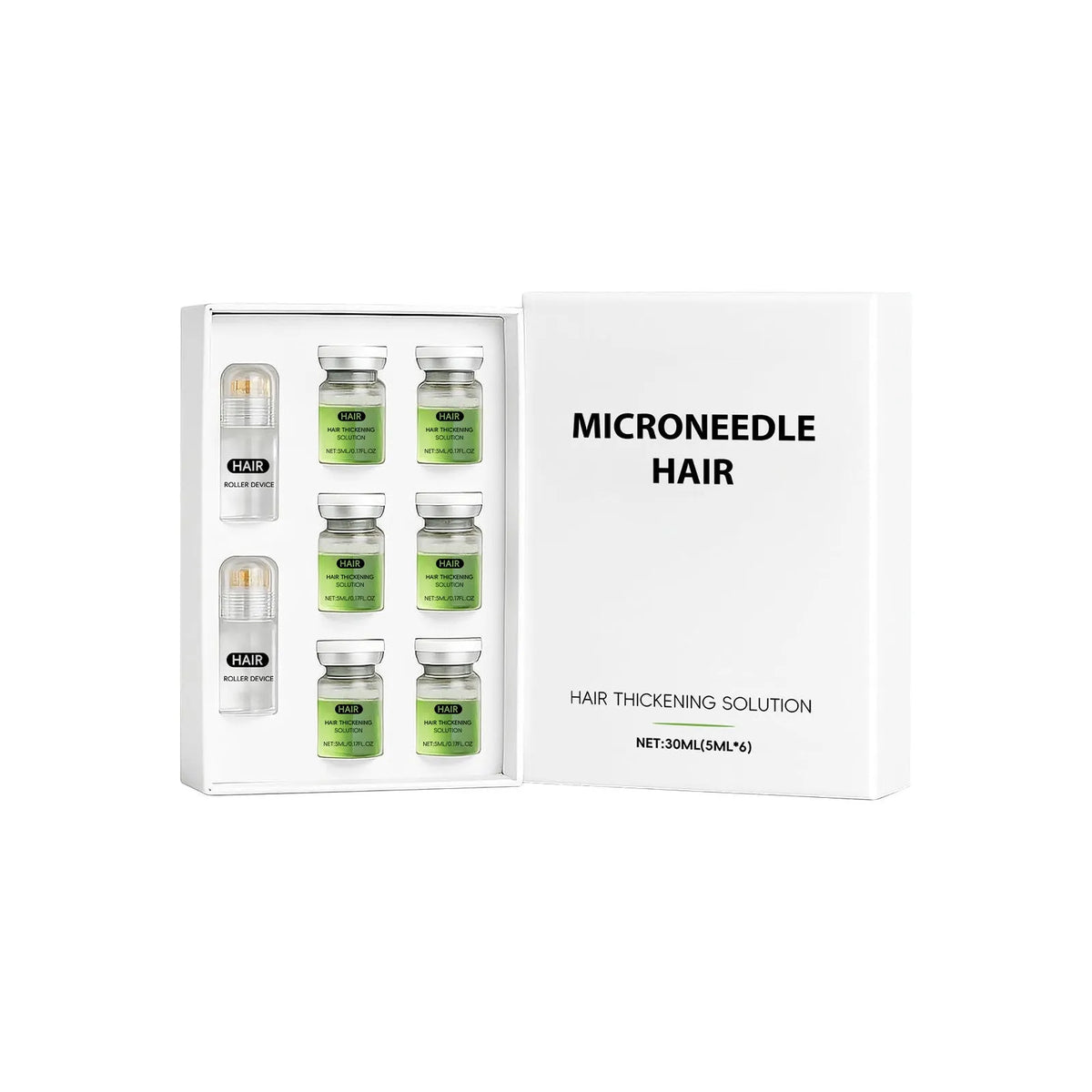 Hair care roller set with six 5ml essence bottles, two glass rollers, and two fire extinguisher bottles