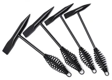 Welding slag removal hammer with spring steel handle and high carbon steel head in various weights.