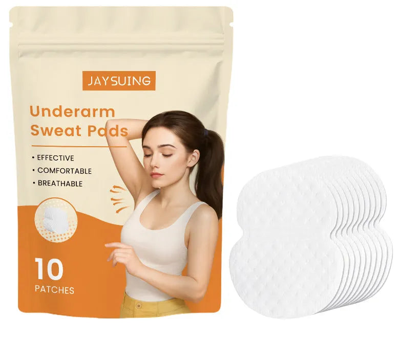 Pack of 10 white underarm sweat absorbing patches with adhesive backing