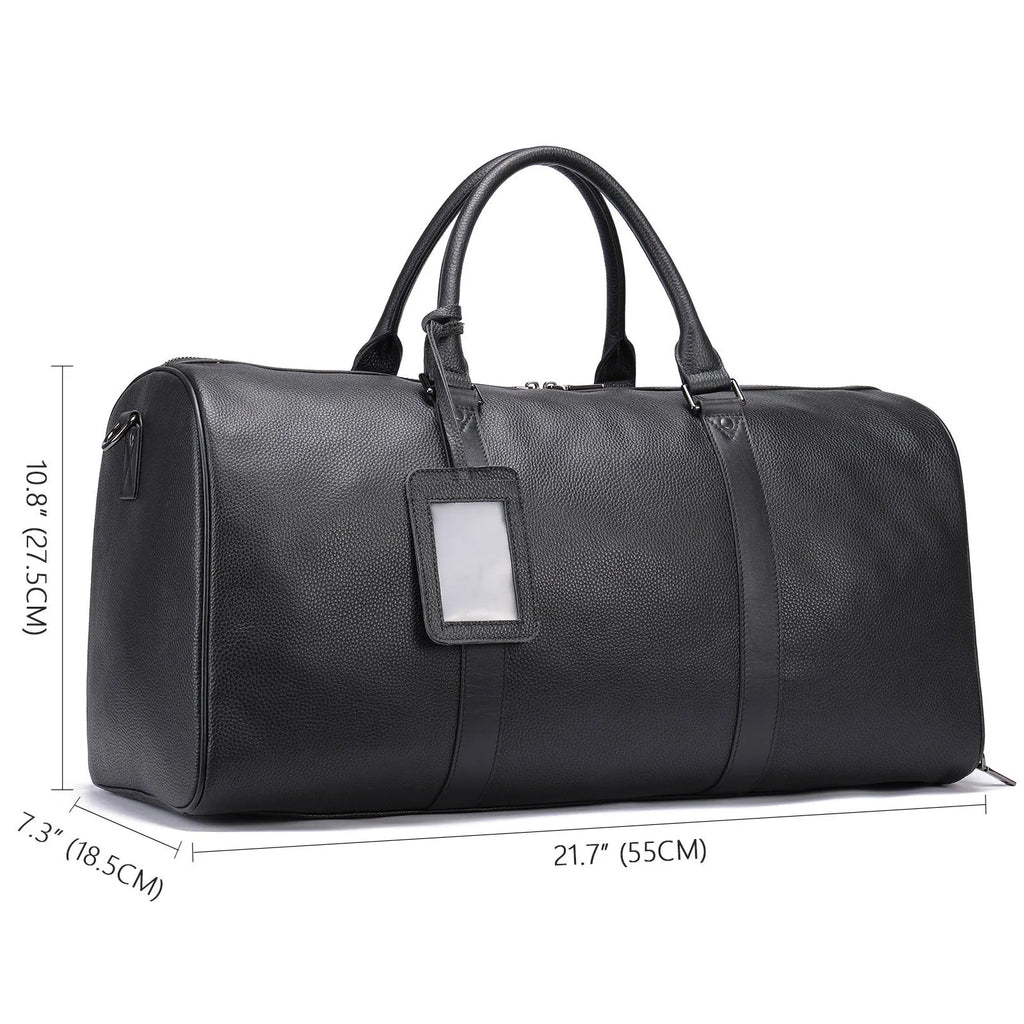 Men's black leather excursion tote bag with a single shoulder strap
