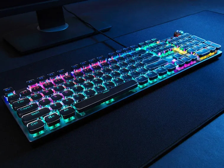 F2088 wired USB mechanical keyboard in black and cyan blue with hand rest on desk