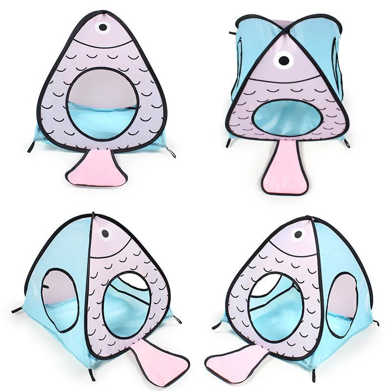 Foldable pet tent cat tunnel three-piece set with Cat and Fish design