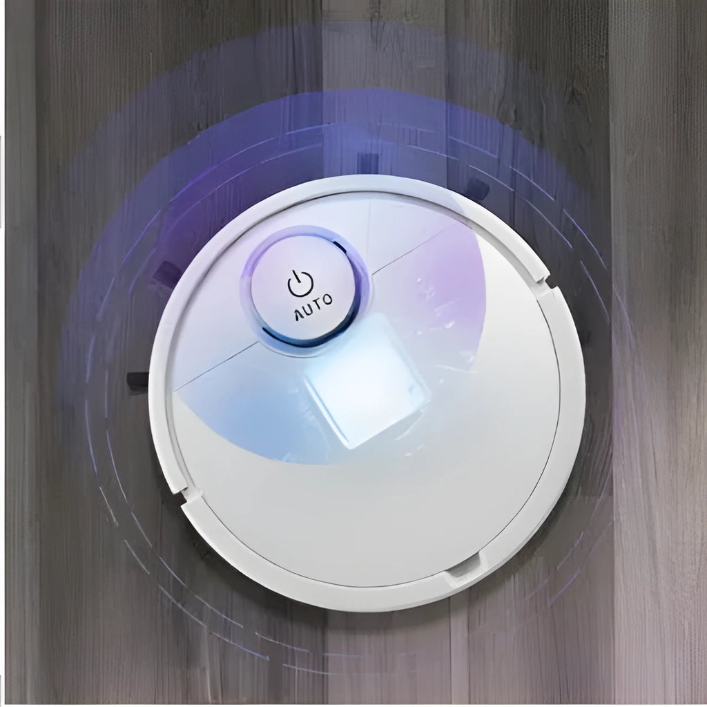 Automatic sweeping robot cleaner with circular ABS plastic body on a hard floor.