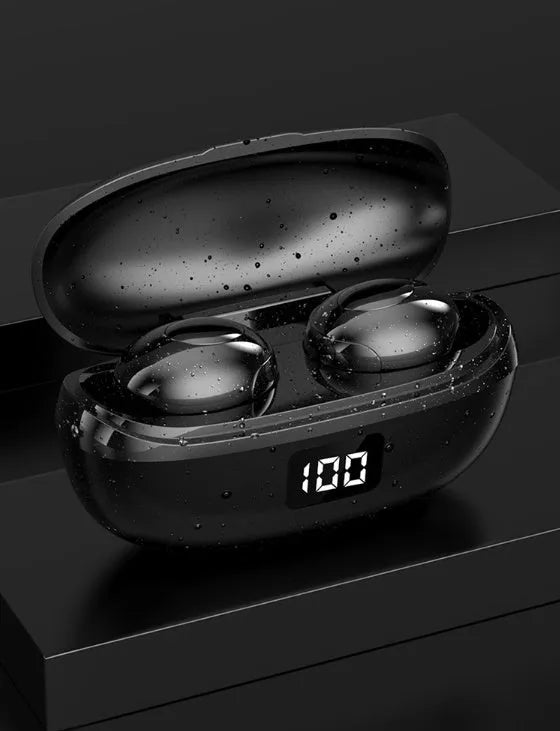 Black and white wireless in-ear Bluetooth headset with its Type-C charging case