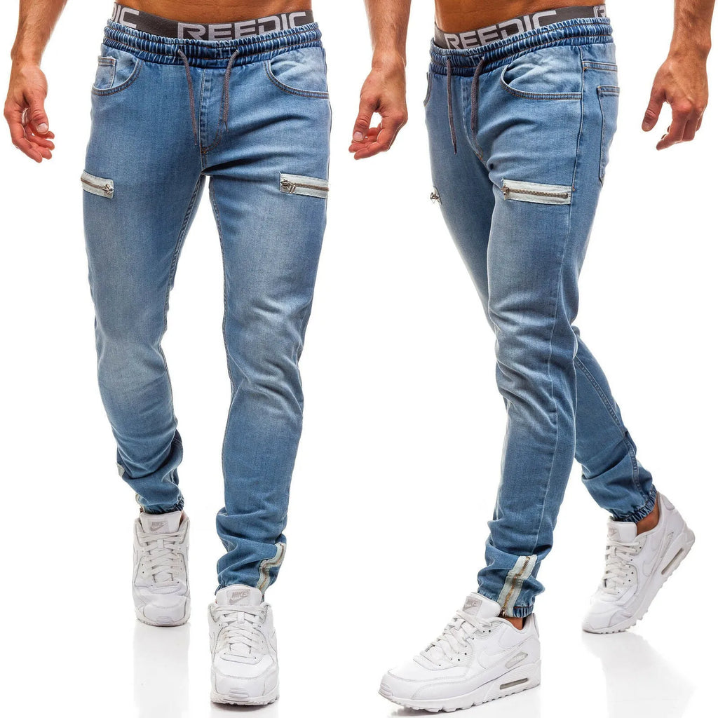 Men's denim fabric sports jeans in dark blue, cotton blend, five-pocket style, available in sizes M to 4XL