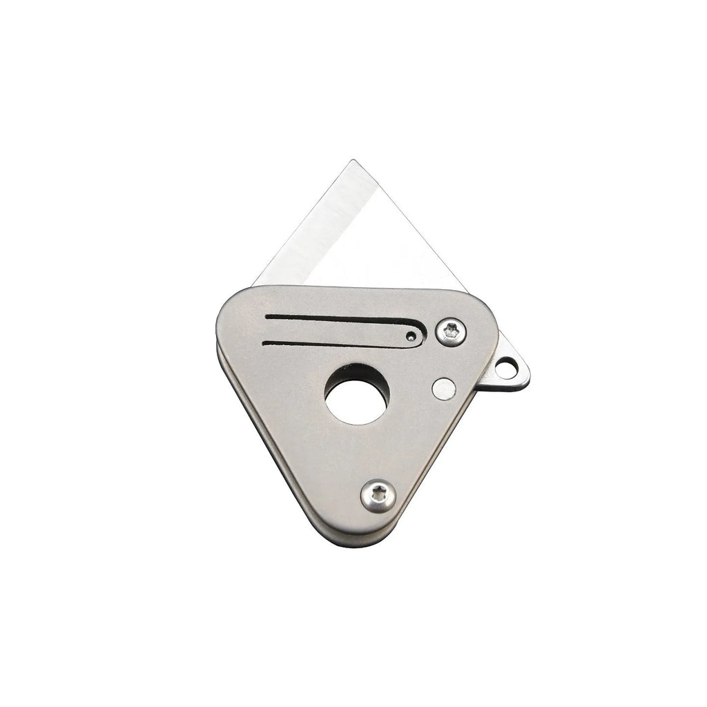 Triangle titanium alloy mini portable knife with stainless steel blade and button lock in silver gray