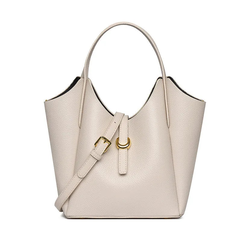 Genuine leather women's hand held retro bucket bag in beige with top handle
