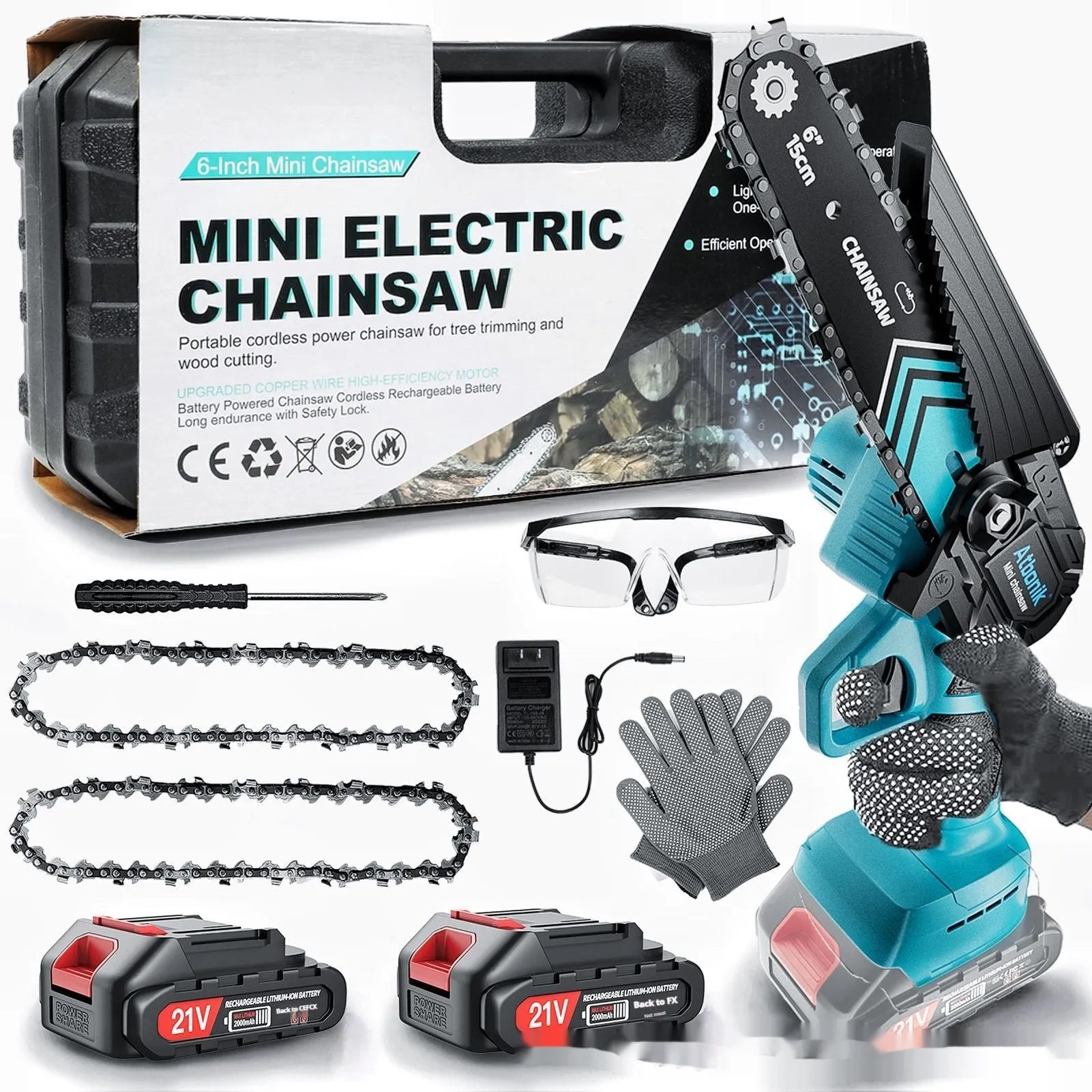 Cordless handheld mini electric chainsaw with 6-inch chain, two batteries, charger, safety goggles, gloves, and storage box