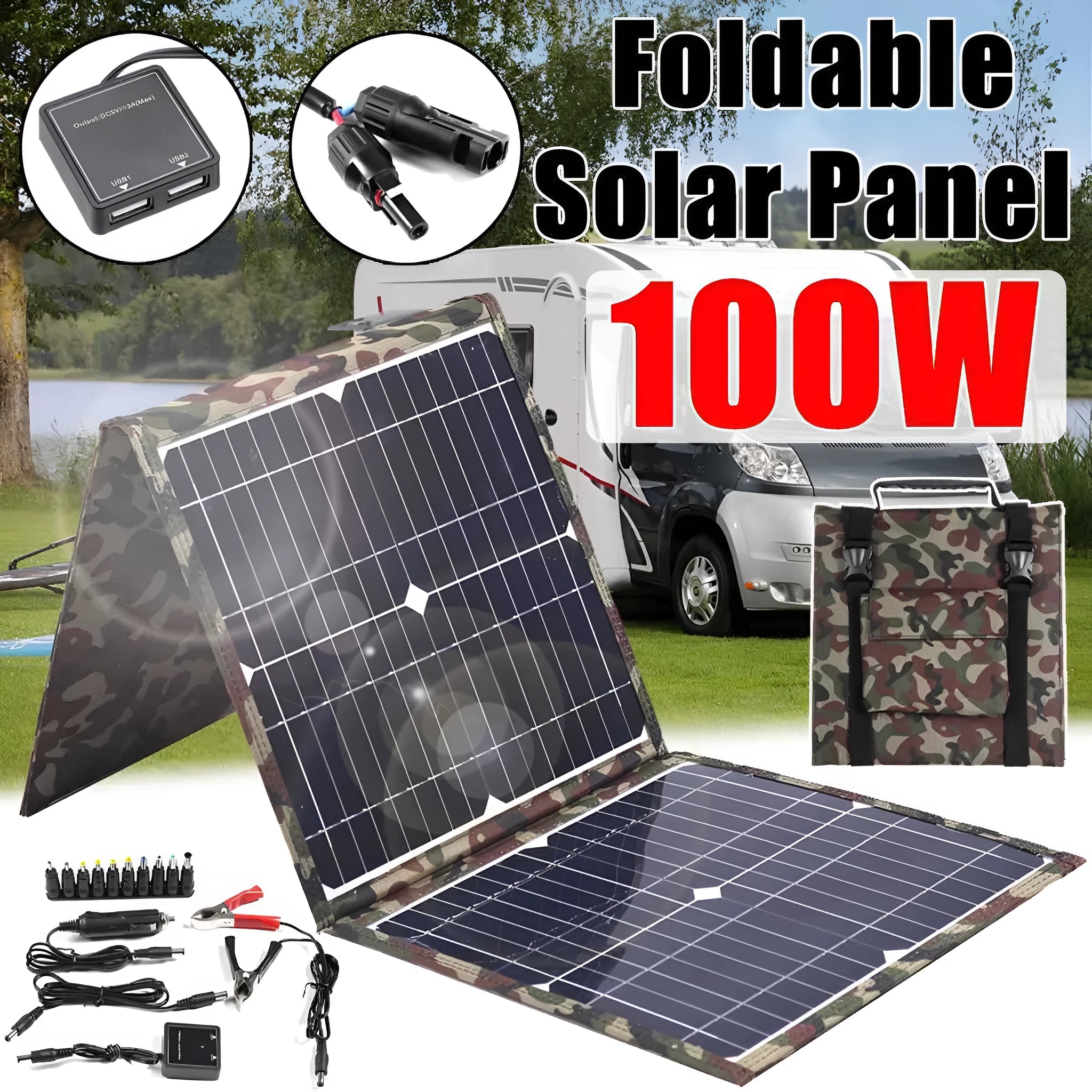 Black foldable 36W solar panel unfolded showing three monocrystalline silicon cells with charging accessories