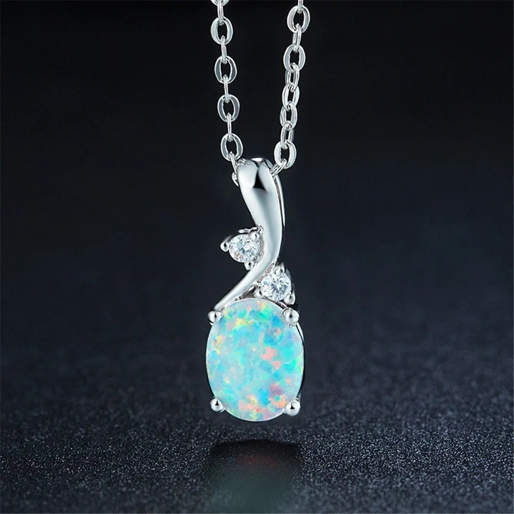 Water drop shaped opal pendant necklace with adjustable O-shaped alloy chain in rose gold or white