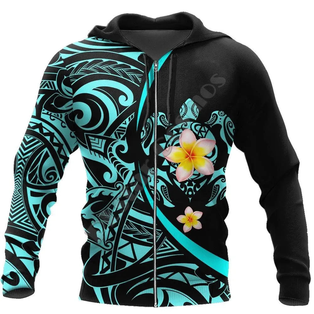 Turtle print 3D zipper hoodie in loose fit, long sleeves, hooded round neck, polyester, sizes XS-7XL