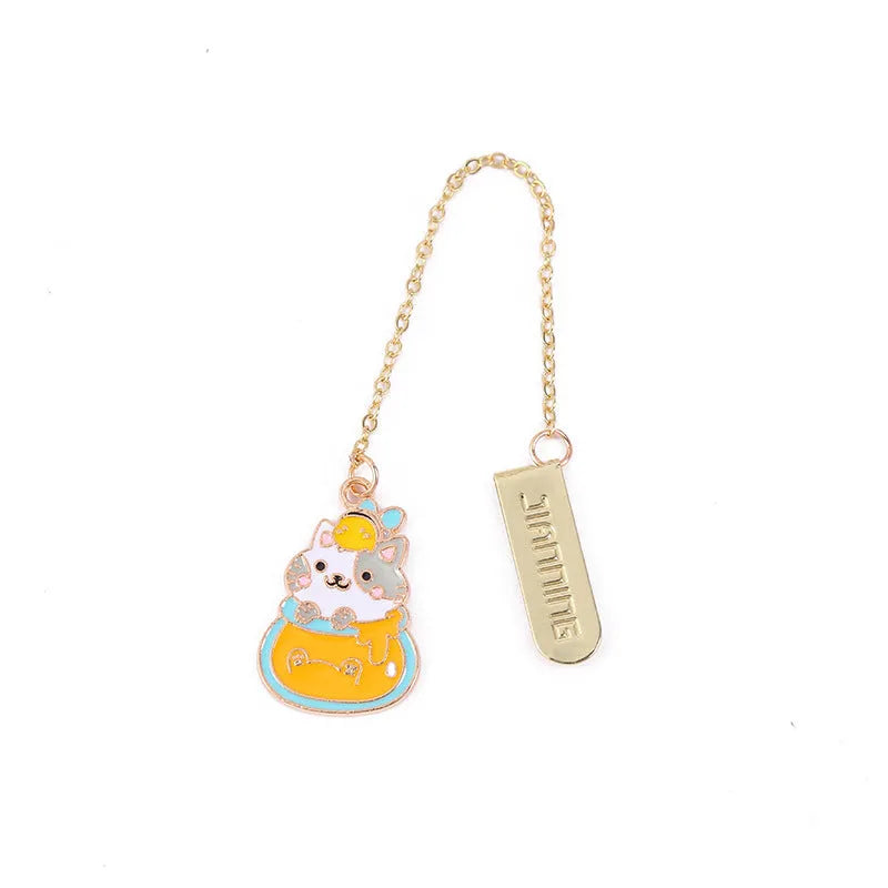 Jane Key Foodie Cute Cat metal bookmark with cartoon pendant in choice of four colour styles.