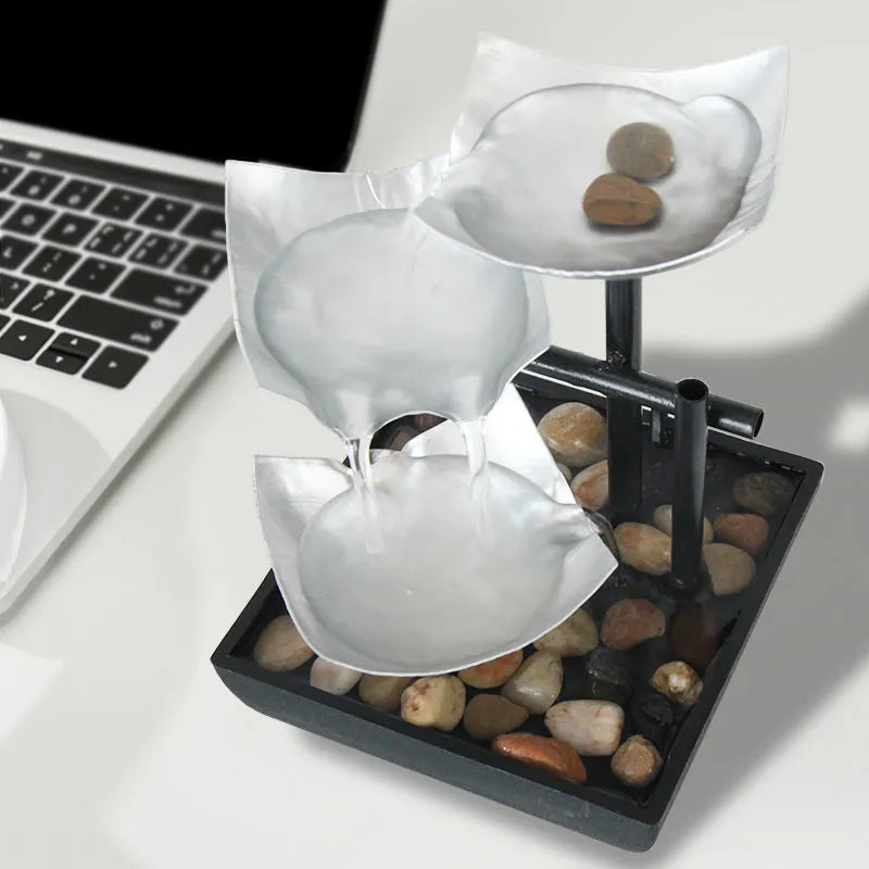 Handmade modern minimalist desktop flowing water fountain ornament in JR001 colour with alloy and plastic construction.