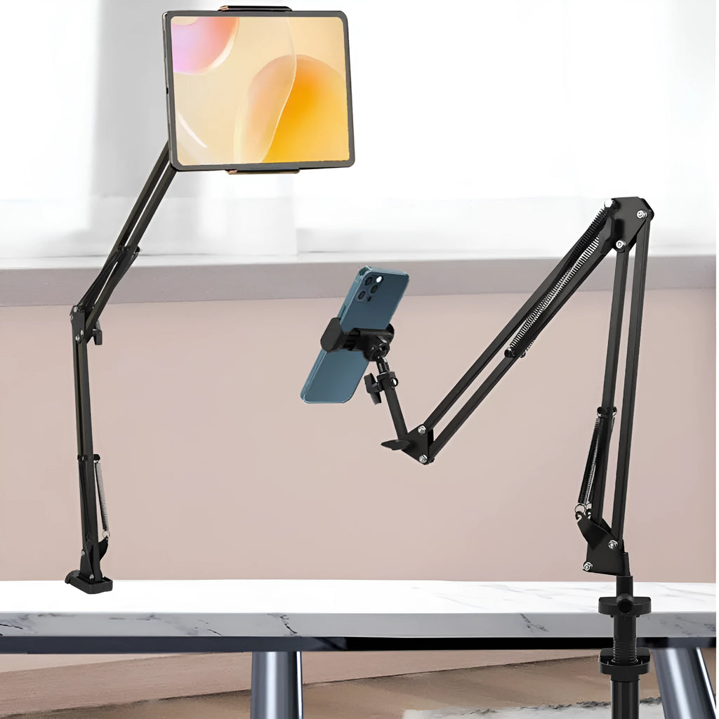 Folding universal phone holder with ABS metal construction and multiple clip options for bedside table
