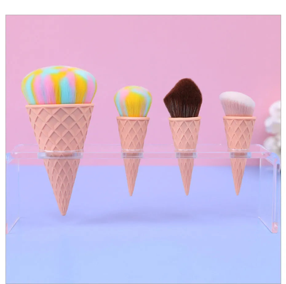 Ice cream cute fibre hair makeup brush set of 4 with artificial bristles and plastic handles in paper box