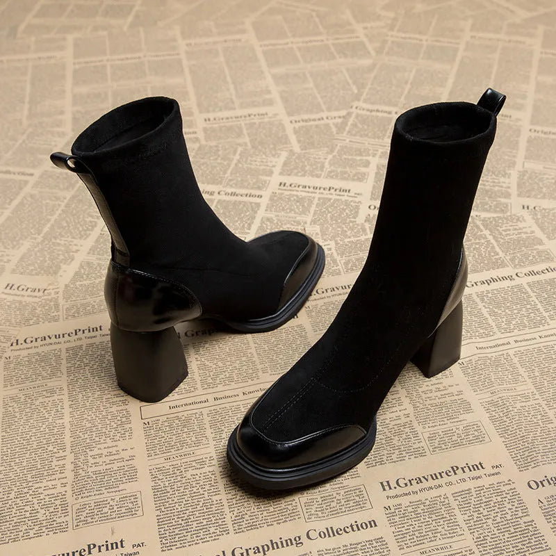 Black cowhide women's short Martin boots with 6-8cm high heel, rubber sole, low tube, single or fleece lining