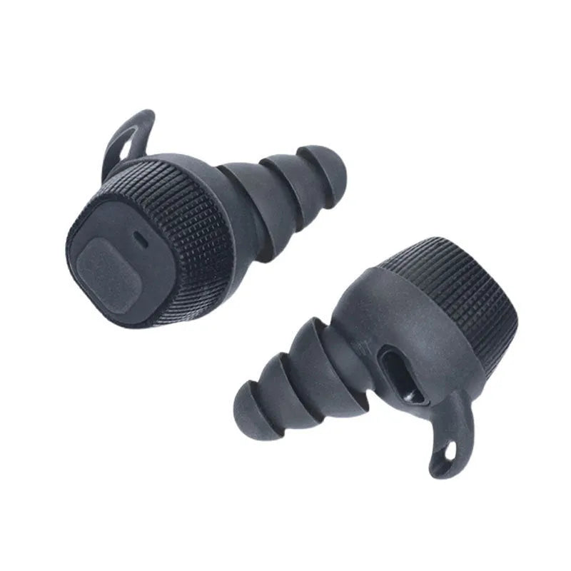 EARMOR M20 black electronic earplugs with charging case, silicone rope, and spare ear tips.