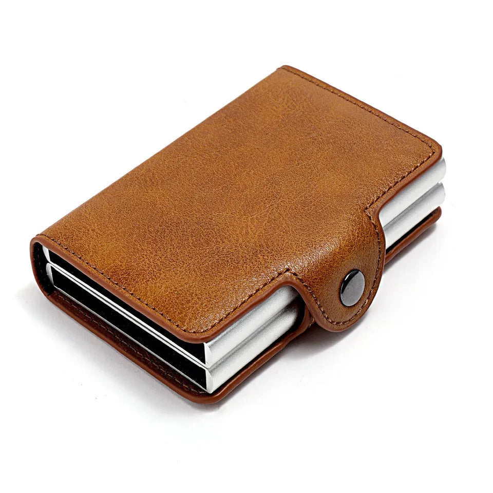 Aluminum PU wallet with 14 card slots in Crazy Horse leather finish, available in claret coffee royal blue black and brown