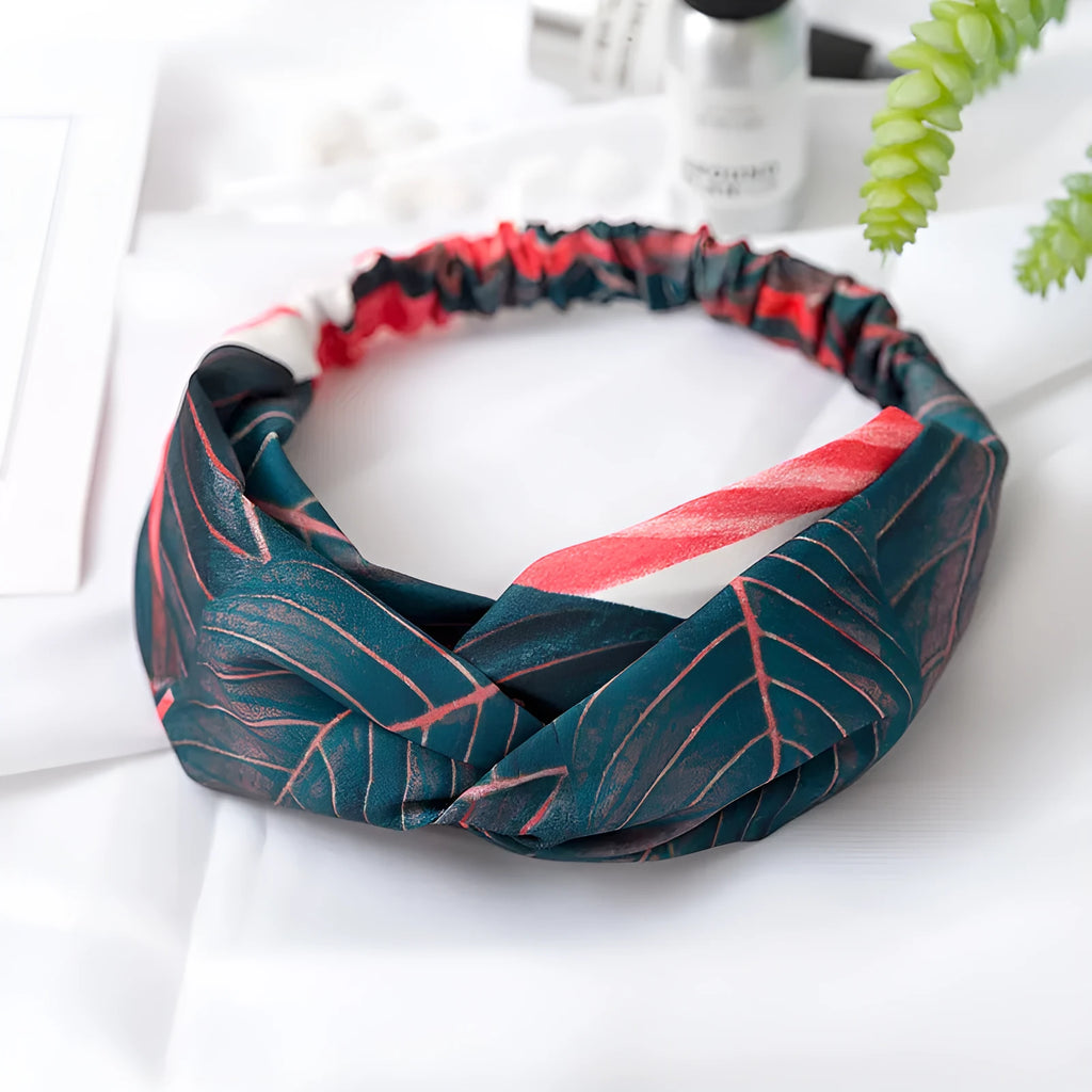 Red banana leaf pattern women's cloth headband with cross hair detail design