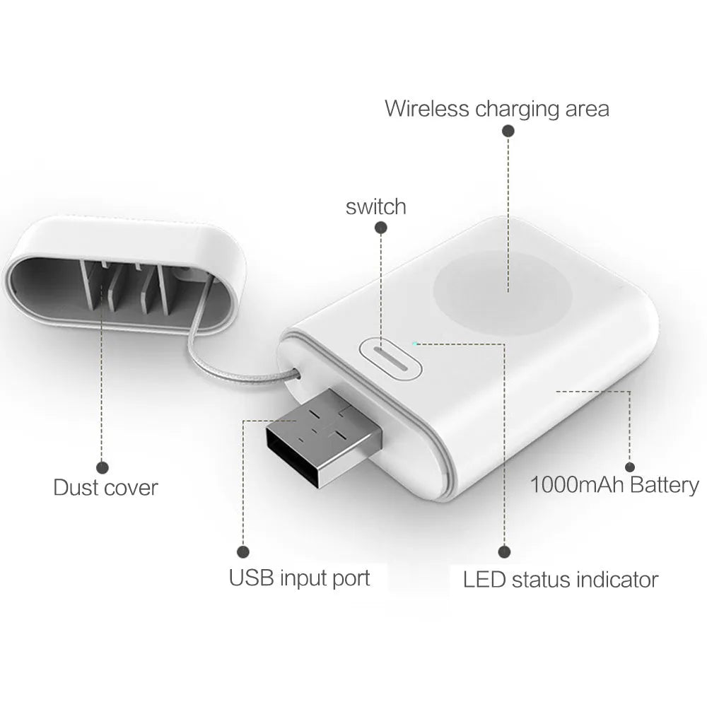 White 1000mAh portable magnetic wireless charger for Apple Watch showing compact size