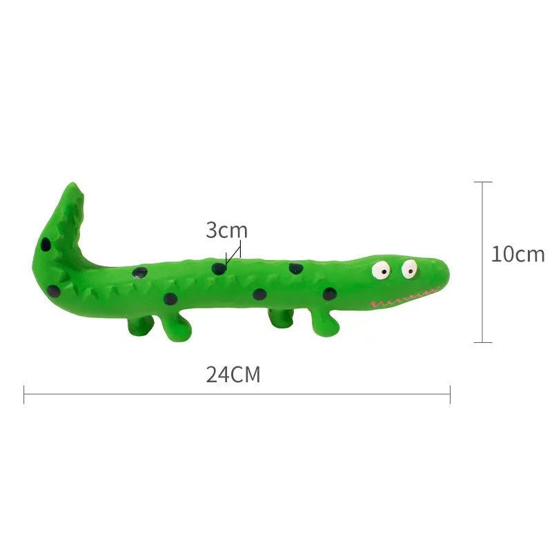 Green cartoon lizard shaped latex dog squeaky chew toy on a white background.