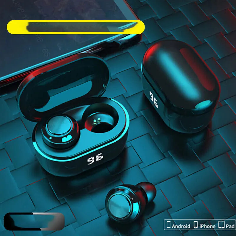 Black in-ear stereo Bluetooth headset with NFC logo, shown on a dark background.