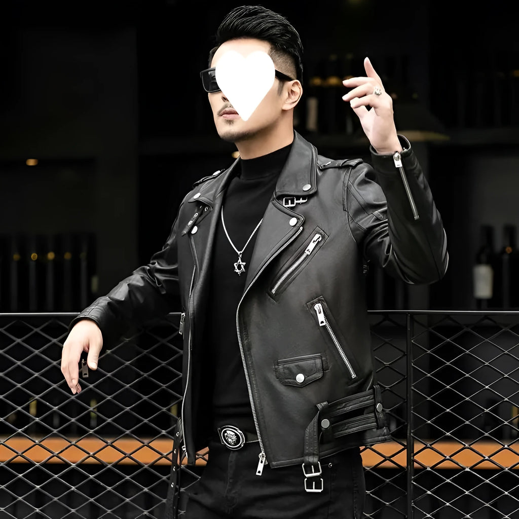 Men's black sheepskin leather jacket with lapel collar and front zip, loose fit