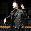 Men's black sheepskin leather jacket with lapel collar and front zip, loose fit