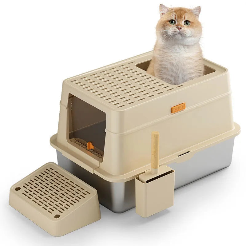 Grey stainless steel enclosed cat toilet with pedal mechanism for indoor feline use