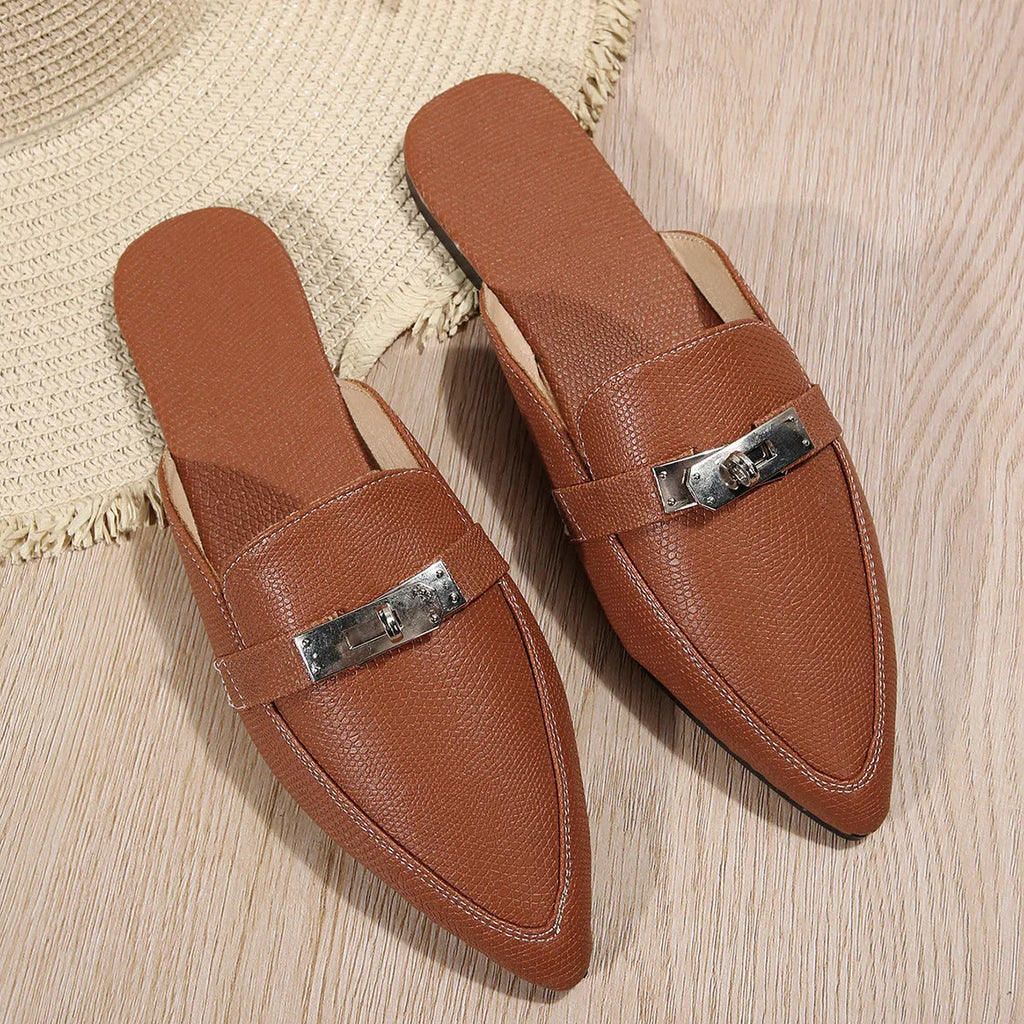Light brown women's pointed-toe casual semi-slippers with a low heel and rubber sole.