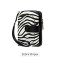 Small retro wallet with zipper closure in leopard print pattern showing hollow detailing and contrast stitching