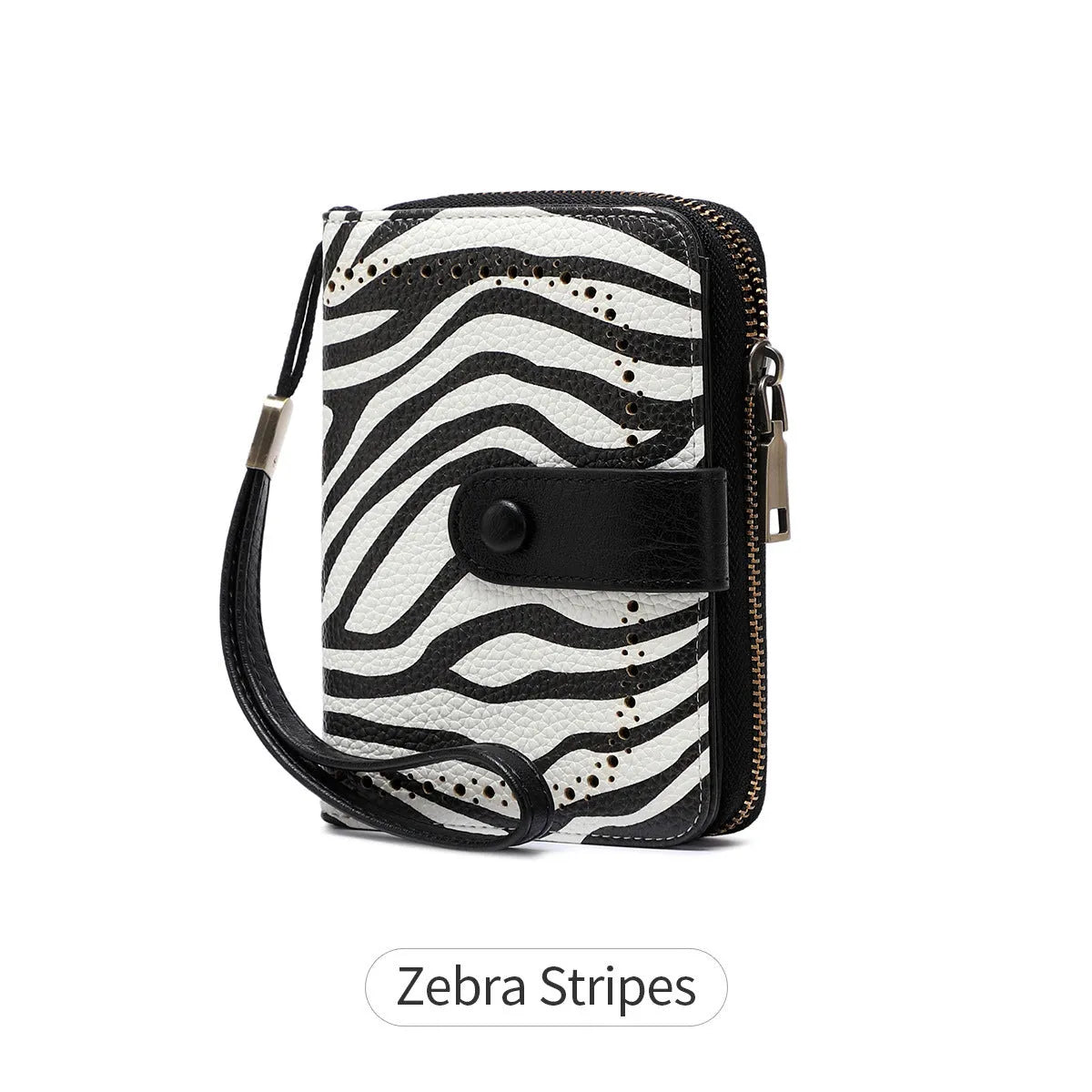 Small retro wallet with zipper closure in leopard print pattern showing hollow detailing and contrast stitching