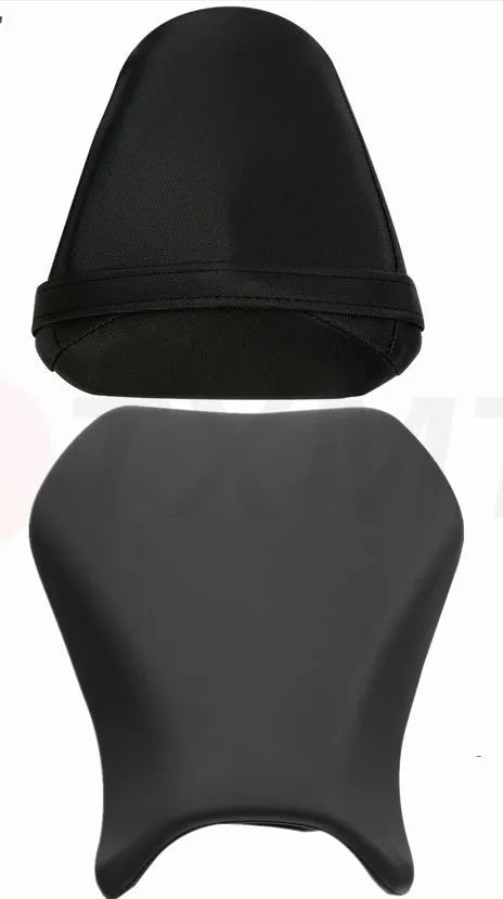 Black PU leather seat cover fitted on a Suzuki GSXR1000 motorbike, showing front and rear set.