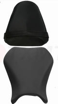 Black PU leather seat cover fitted on a Suzuki GSXR1000 motorbike, showing front and rear set.