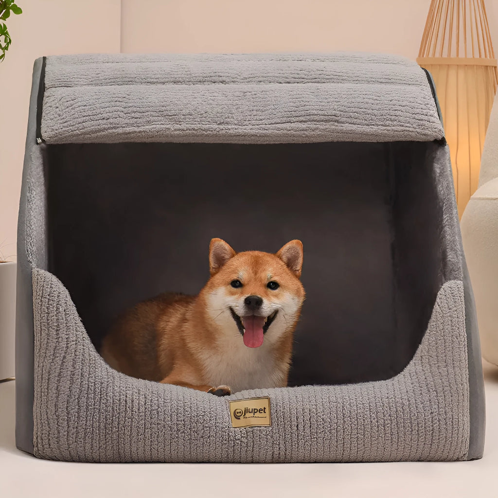 Classic gray removable washable dog bed with matching blanket for medium to large dogs