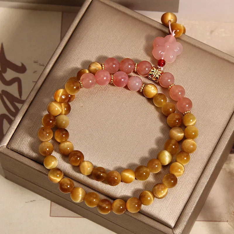 Tigereye double ring bracelet for women with crystal, agate flower, pearl, rhinestone and sequin elements